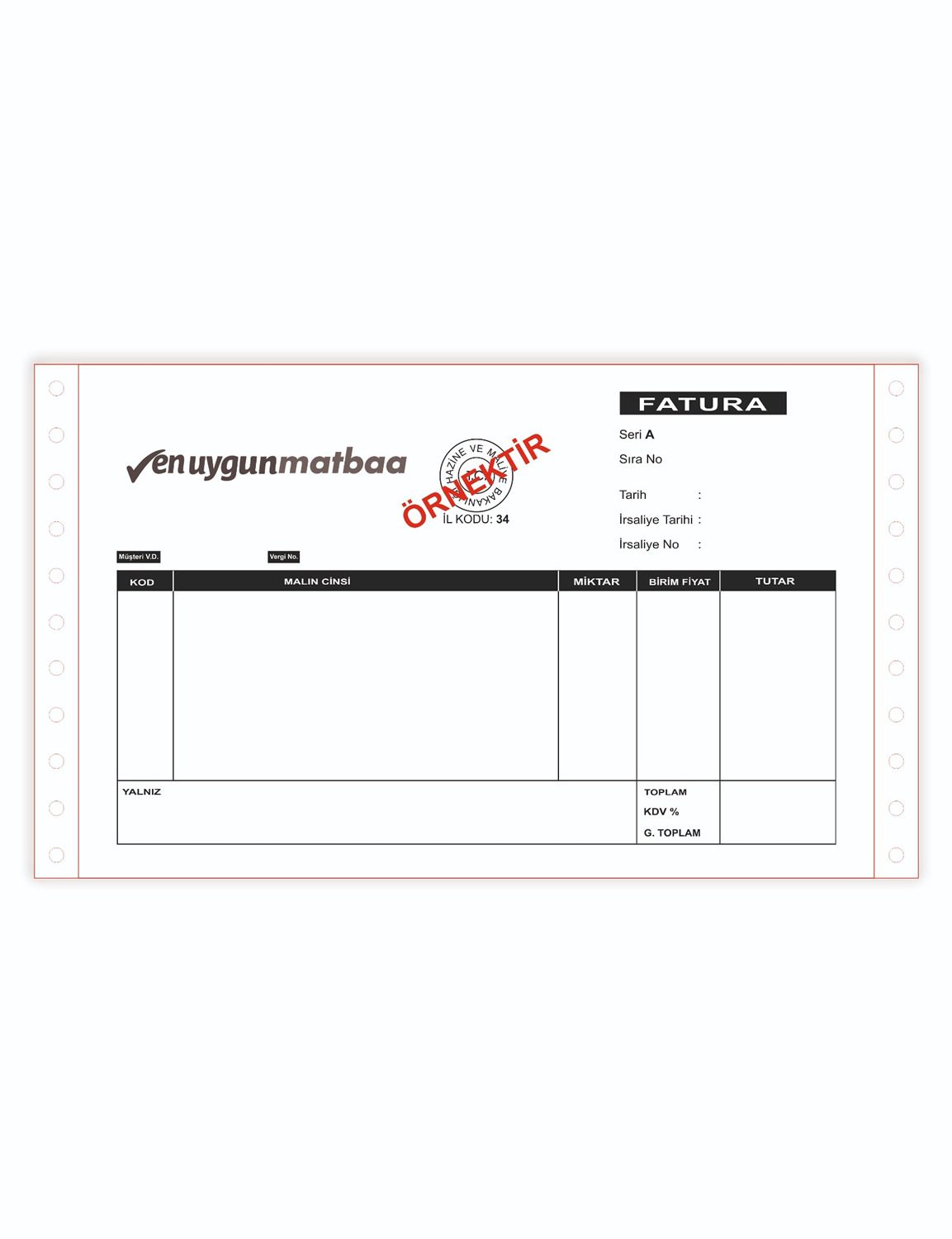 Sürekli Form Fatura 5,5 inç. Tek Renk